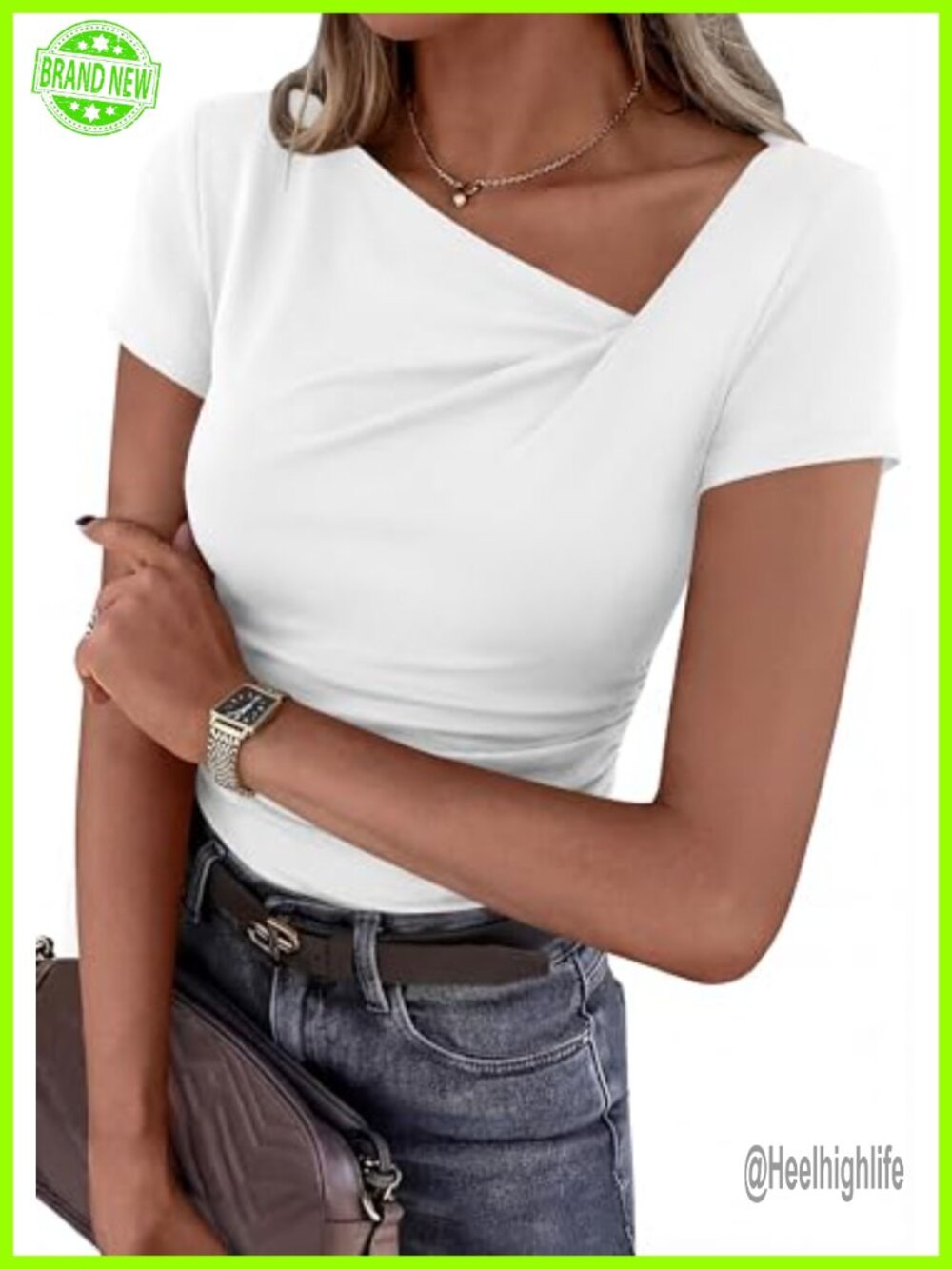 PRETTYGARDEN Women's Asymmetrical Neck Ruched Crop Top Slim Fit Short Sleeve